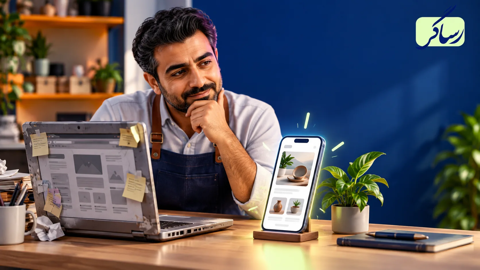 صاحب کسب‌وکار در حال مقایسه سایت قدیمی و بازطراحی‌شده با هویت رساگر