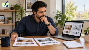 صاحب کسبوکار در حال مقایسه پیشنهادهای طراحی سایت با لپتاپ