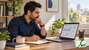 تصویر مفهومی صاحب کسبوکار در حال بررسی روند سئو سایت