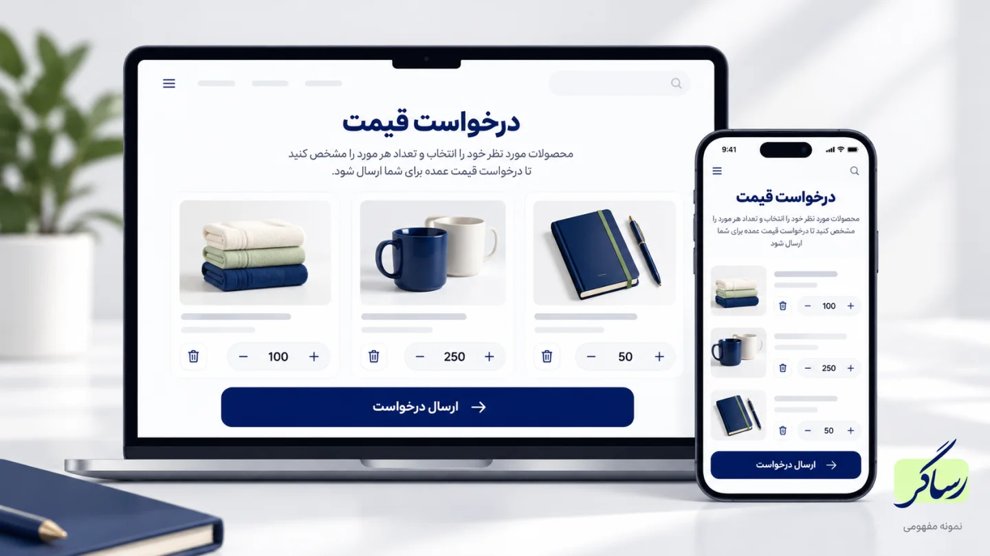 نمونهٔ مفهومی سبد درخواست قیمت با کالا و مقدار خرید در رایانه و موبایل